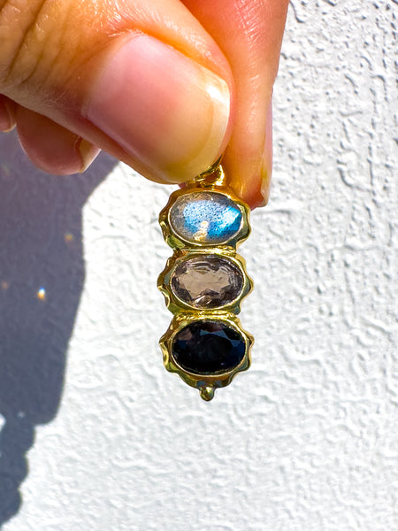 Gold vermeil Protection Trio with labradorite , black spinel , smokey quartzpendant