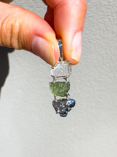 Ascension Trio Moldavite • Herkimer Diamond • Campo Del Ceilo pendant