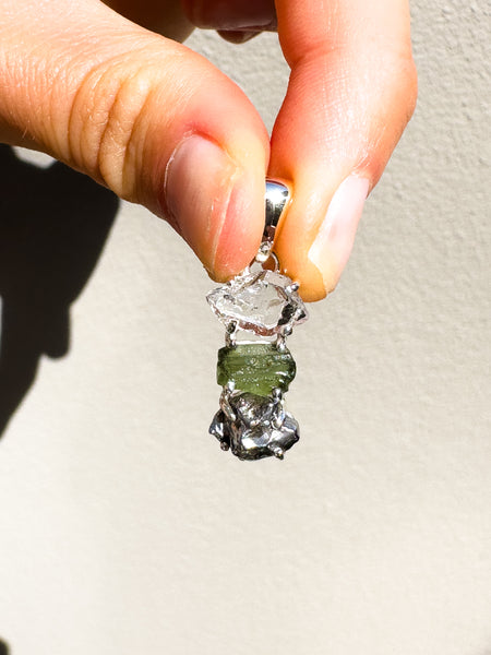 Ascension Trio Moldavite • Herkimer Diamond • Campo Del Ceilo pendant